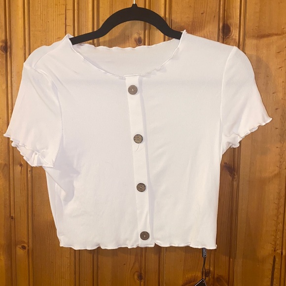 Zaful Ribbed Lettuce Trim Mock Button Crop - Picture 1 of 3